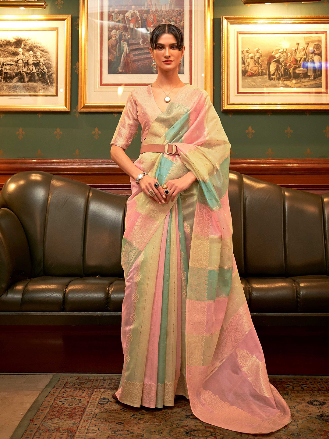 

Mitera Pink & Green Striped Zari Organza Banarasi Saree