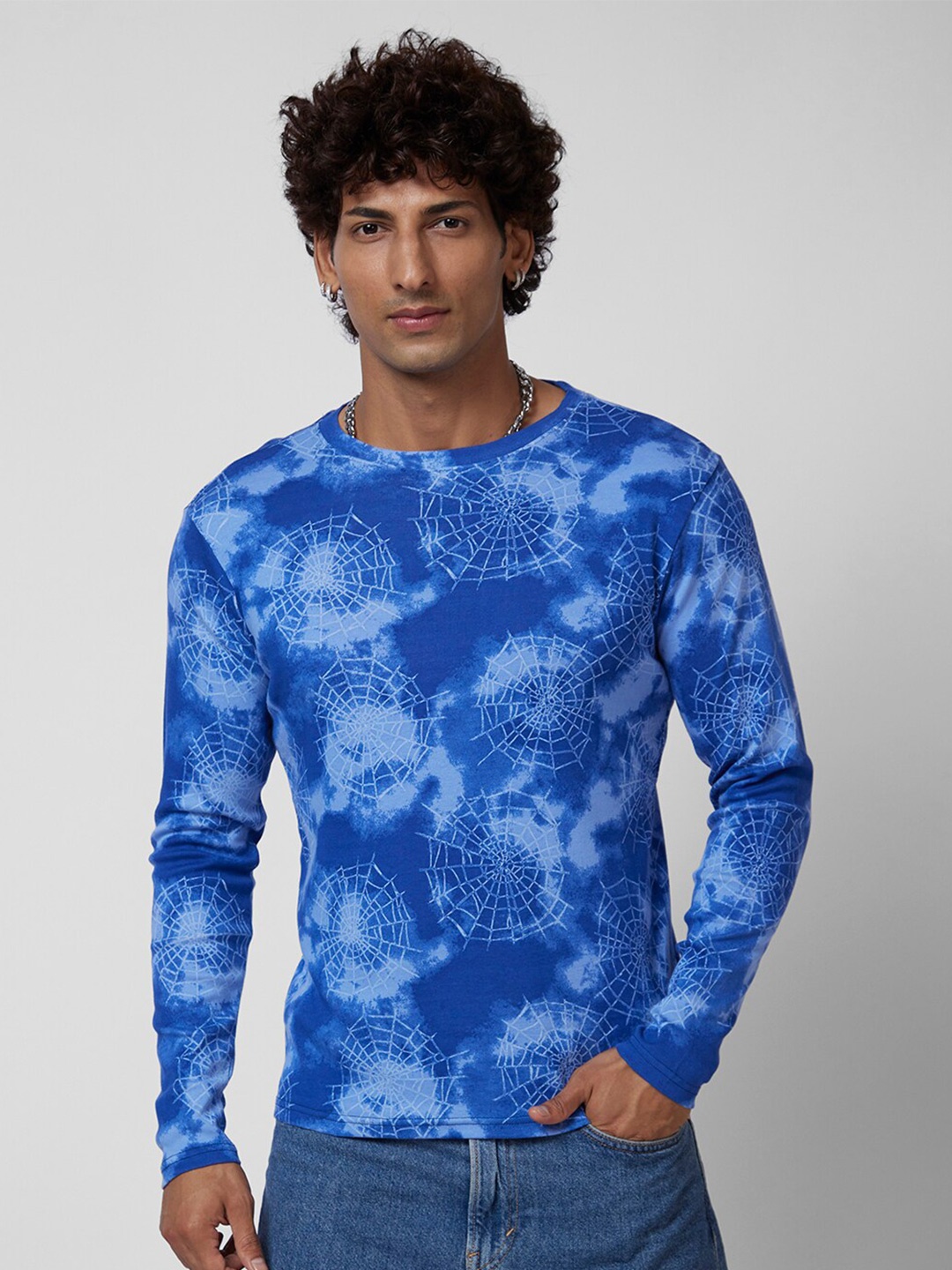 

VASTRADO Spider Web Graphic Printed Cotton Casual T-Shirt, Blue