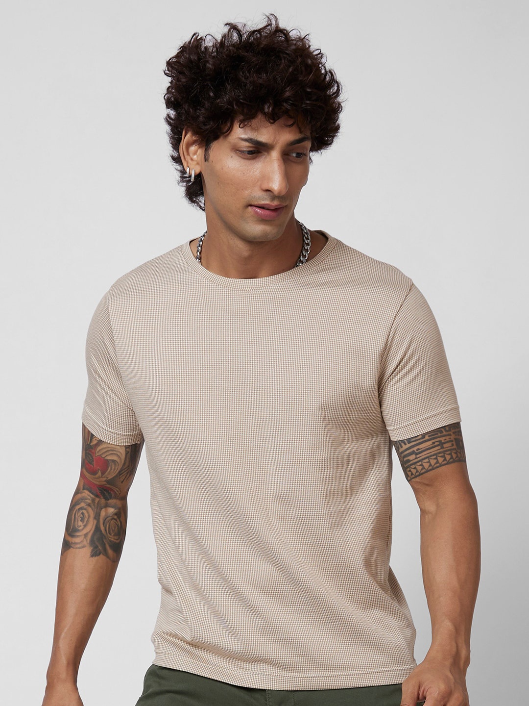 

VASTRADO Geometric Printed Cotton Casual T-Shirt, Beige