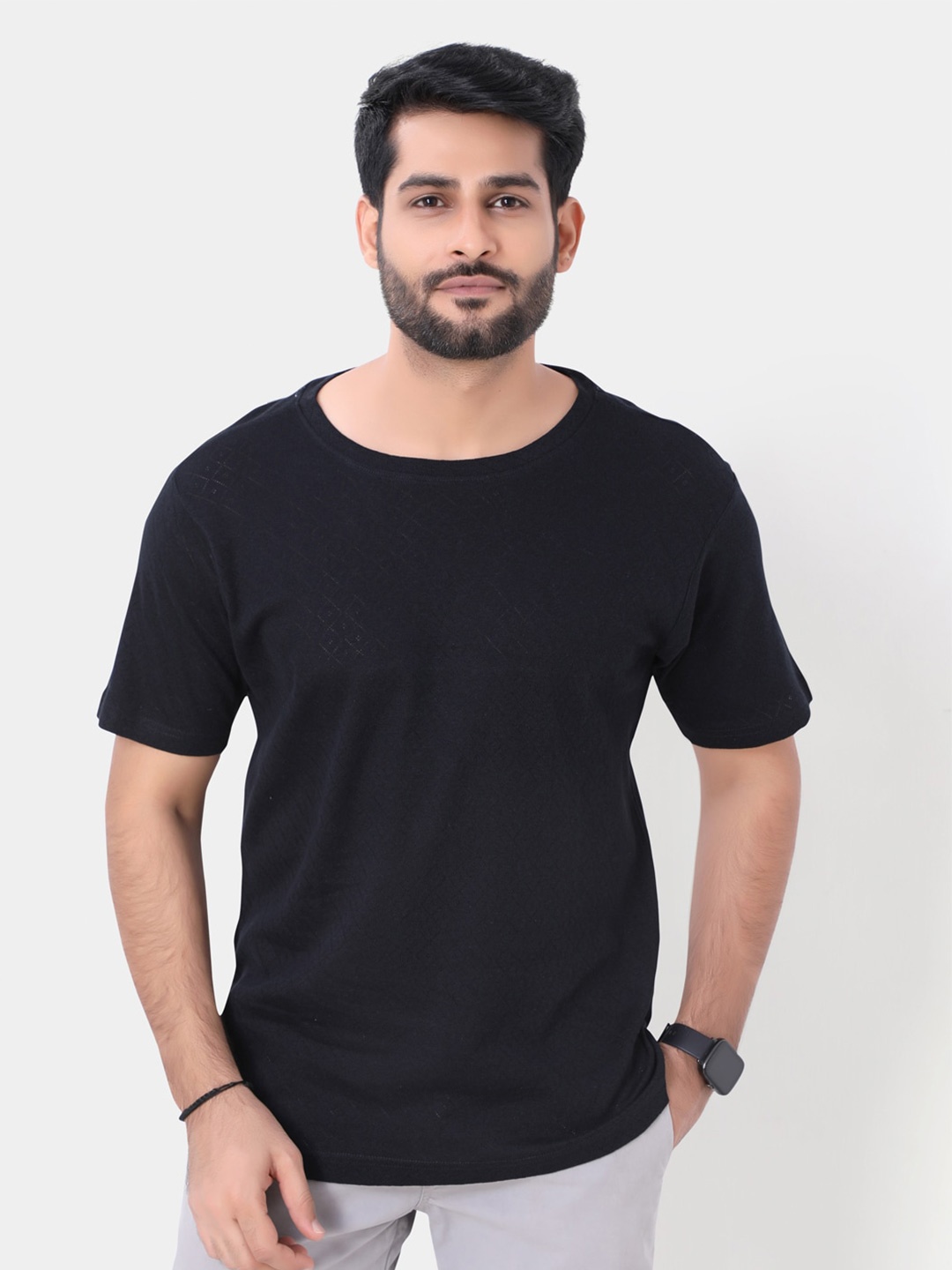 

VASTRADO Self Design Cotton Casual T-Shirt, Black