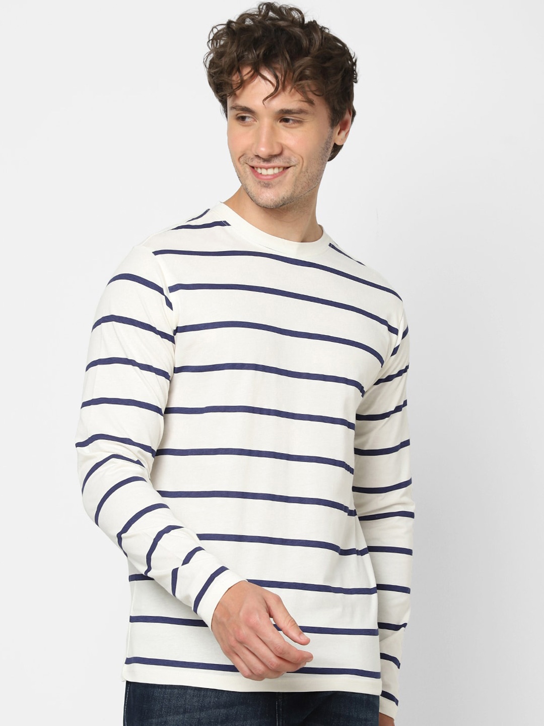 

VASTRADO Striped Round Neck Cotton Casual T-Shirt, Off white