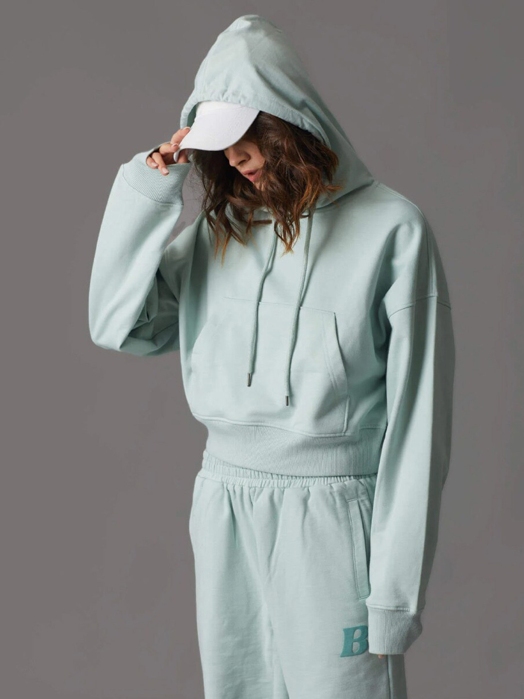 

Bonkers Corner Blue Full Sleeves Hood Neck Crop Top with Jogger