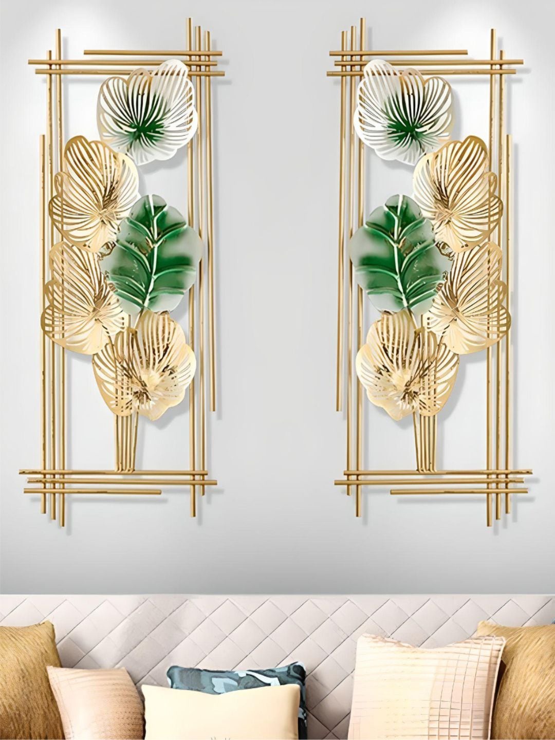 

The Art House 2 Pcs Beige & Green Leaf Textured Metal Wall Decors