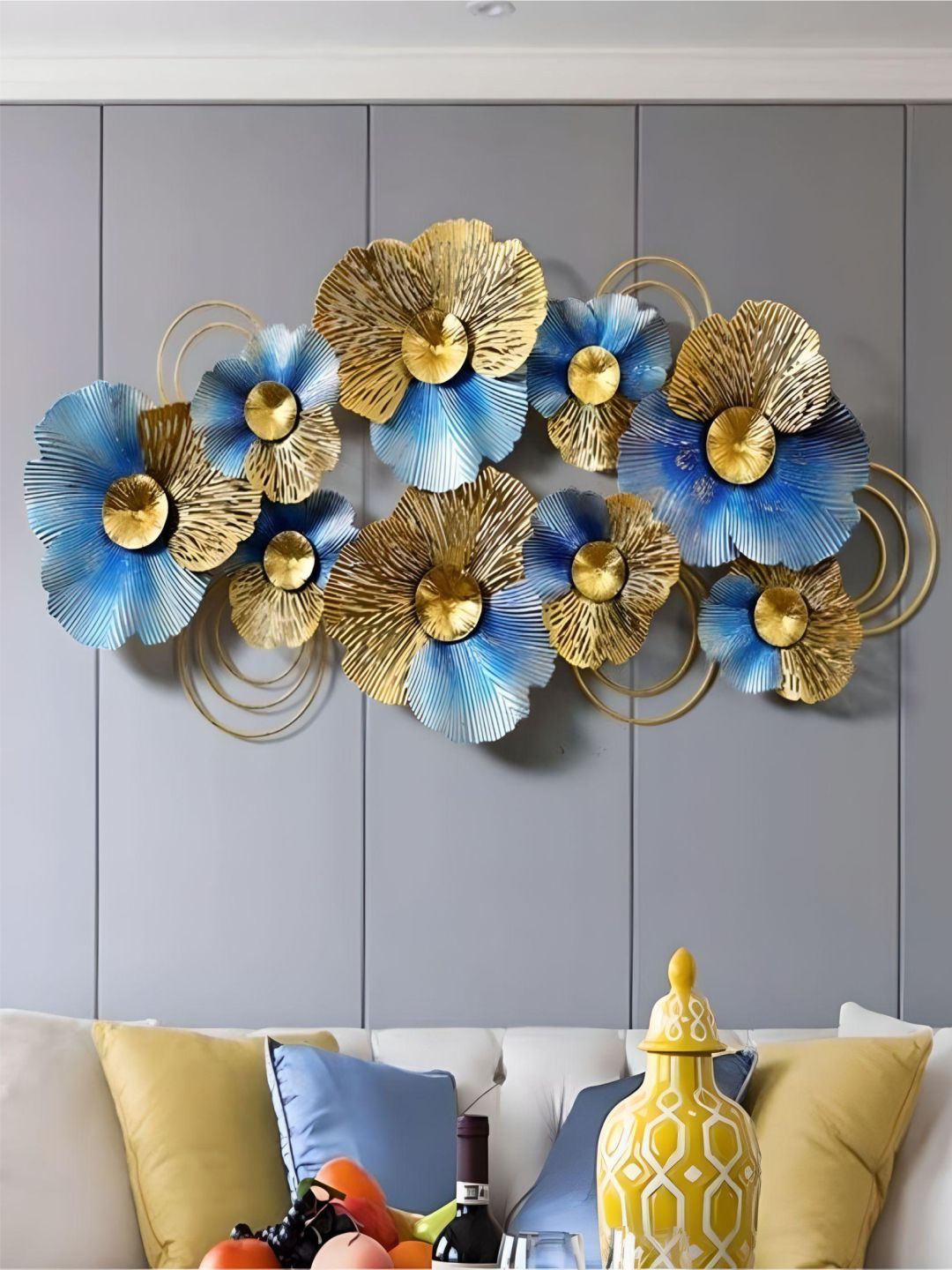 

The Art House Blue & Beige Floral Textured Metal Wall Decor