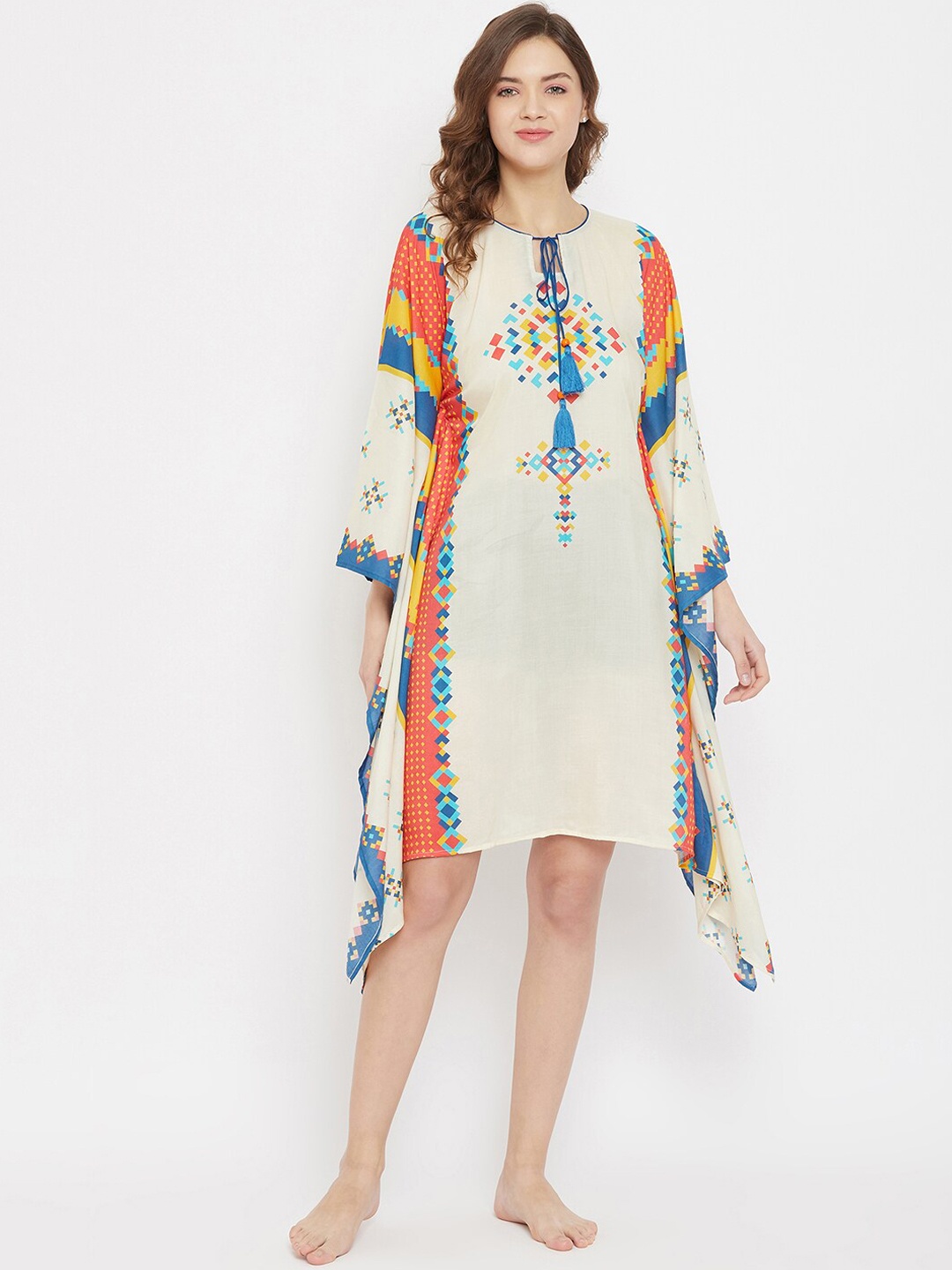 

The Kaftan Company Off White & Orange Printed Swimwear Cover Up Top