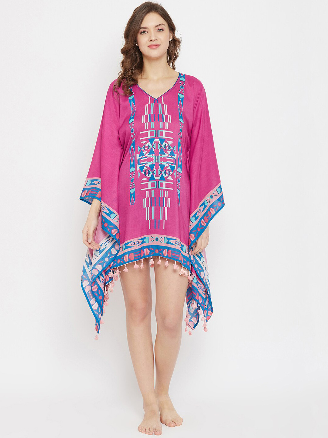 

The Kaftan Company Pink & Blue Geometric Printed Swimwear Cover Up Top