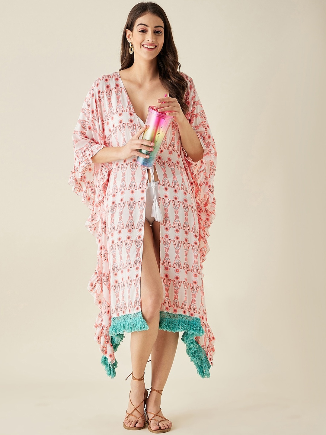 

The Kaftan Company White & Peach Floral Printed Swimwear Cover Up Top