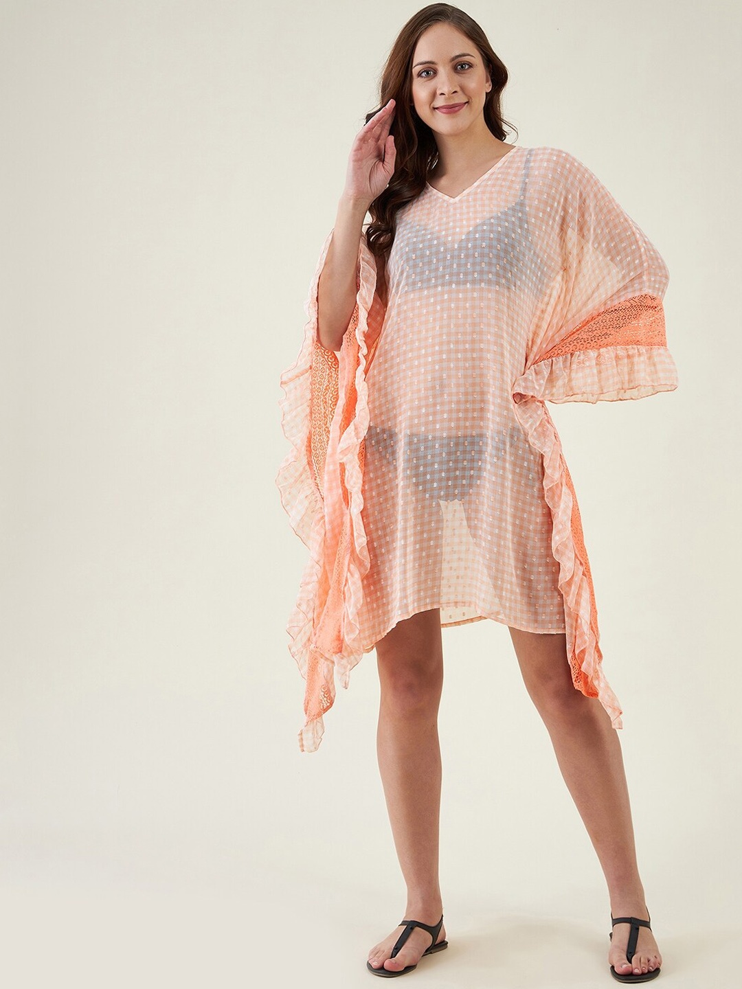 

The Kaftan Company Peach Self Design Swimwear Cover Up Top