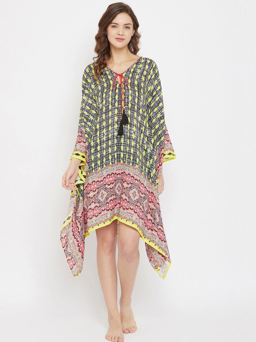 

The Kaftan Company Black & Yellow Geometric Printed Swimwear Cover Up Top