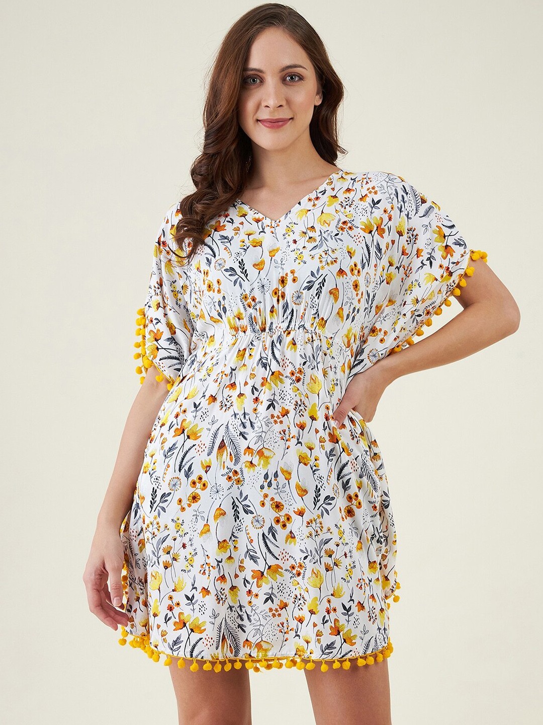 

The Kaftan Company Floral Print Flared Sleeve Kaftan Mini Dress, White