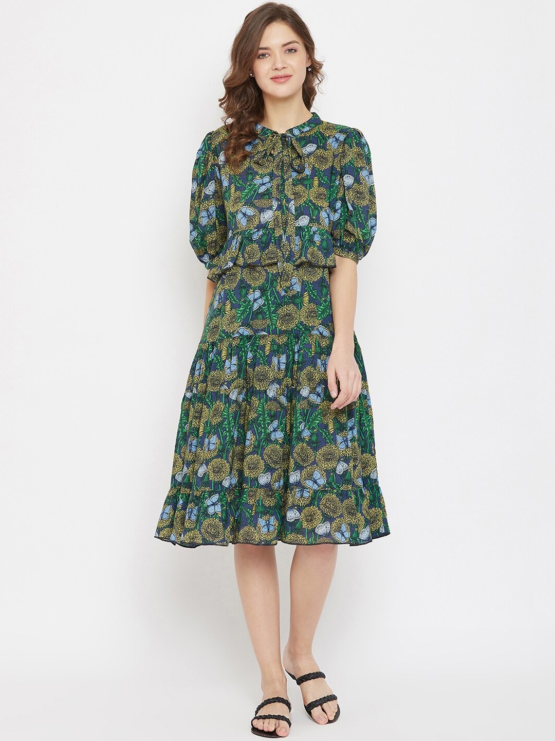 

The Kaftan Company Floral Print Puff Sleeve Fit & Flare Dress, Green