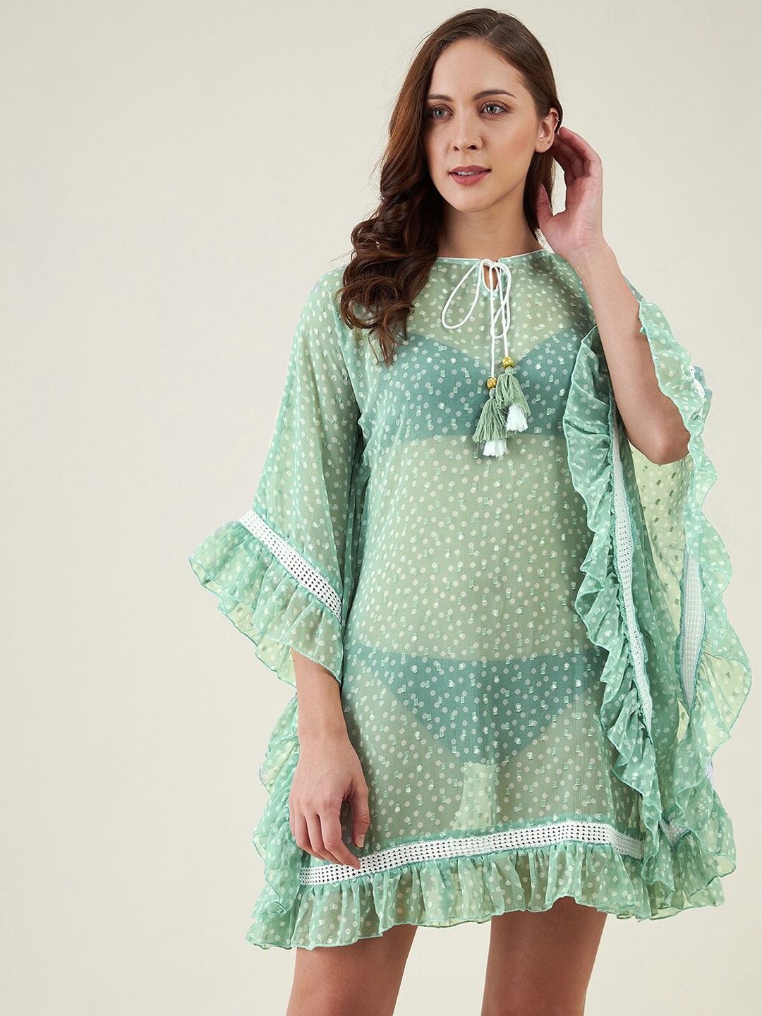 

The Kaftan Company Green & White Self Design Swimwear Cover Up Top