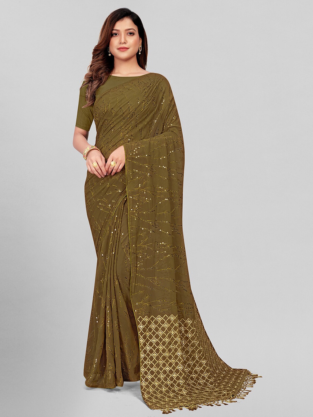 

KALINI Embellished Sequinned Pure Georgette Saree, Olive