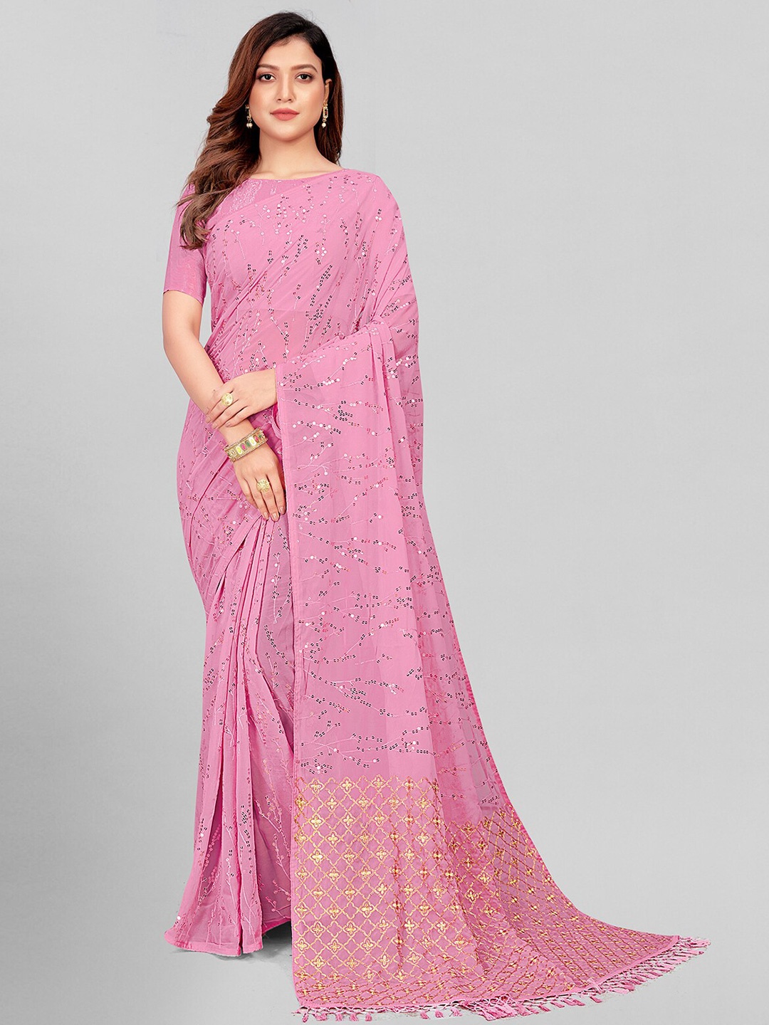 

KALINI Embellished Sequinned Pure Georgette Saree, Peach