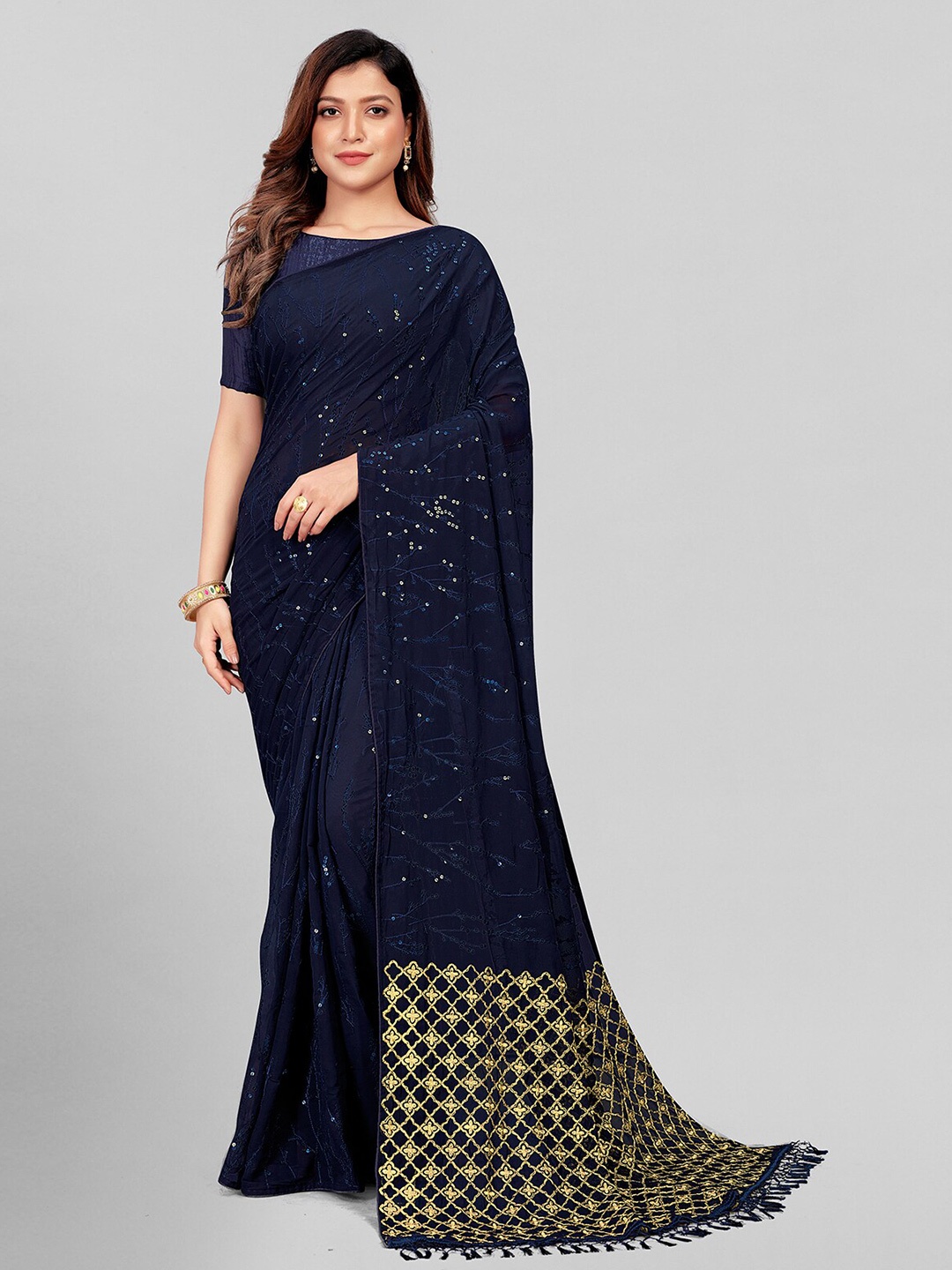 

KALINI Embellished Sequinned Pure Georgette Saree, Blue