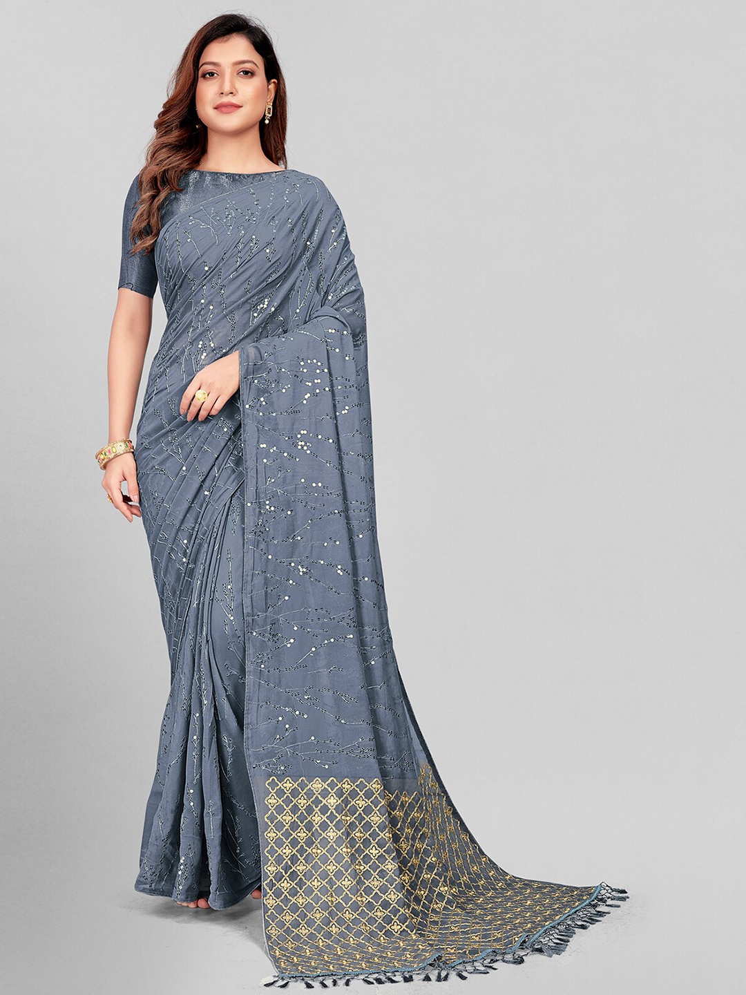 

KALINI Embellished Sequinned Pure Georgette Saree, Grey