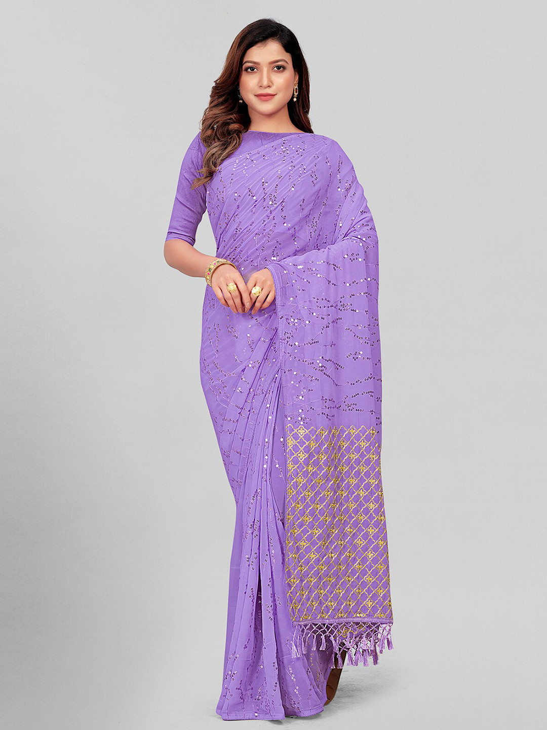 

KALINI Embellished Sequinned Pure Georgette Saree, Mauve
