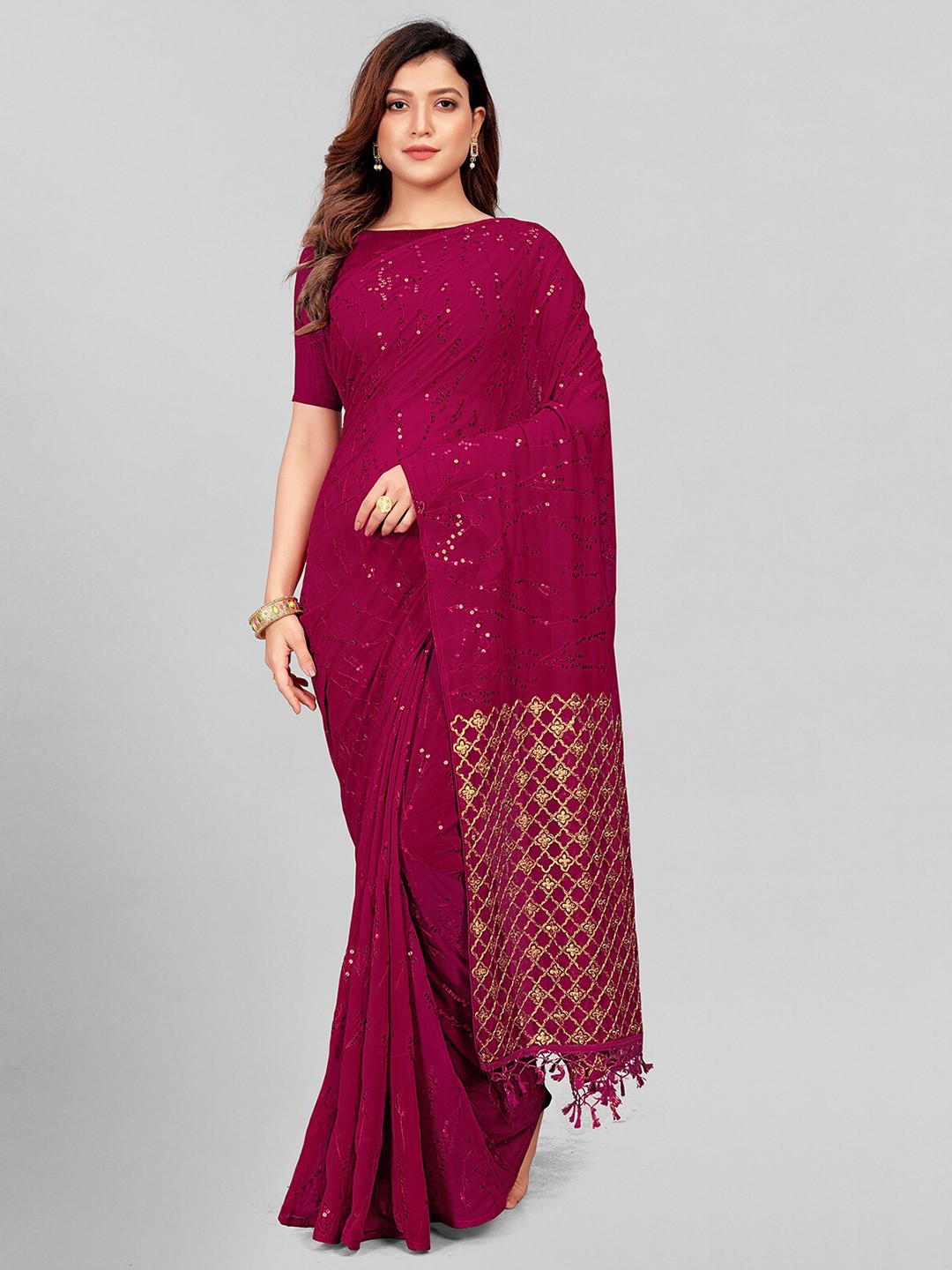 

KALINI Embellished Sequinned Pure Georgette Saree, Pink