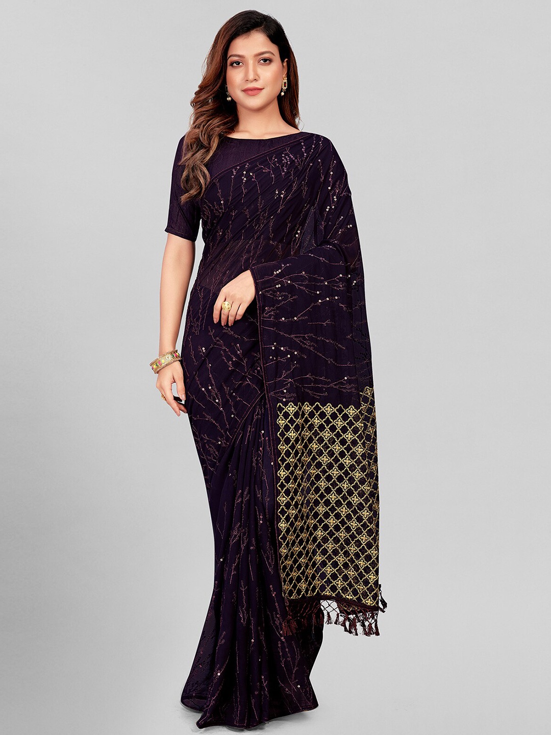 

KALINI Embellished Sequinned Pure Georgette Saree, Purple