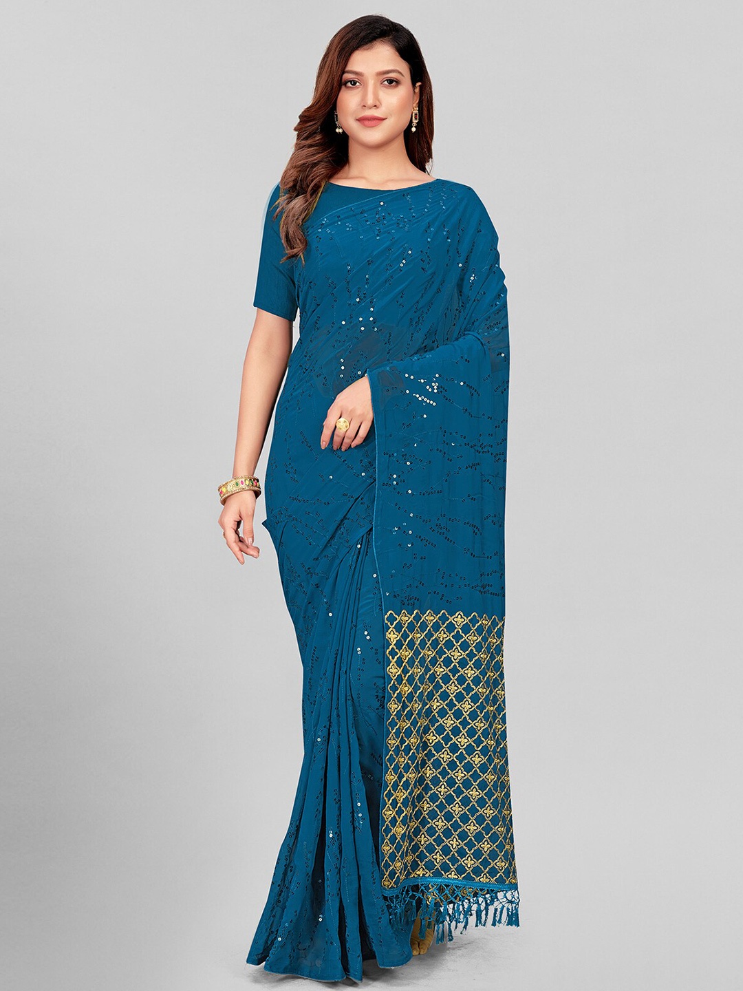 

KALINI Embellished Sequinned Pure Georgette Saree, Teal