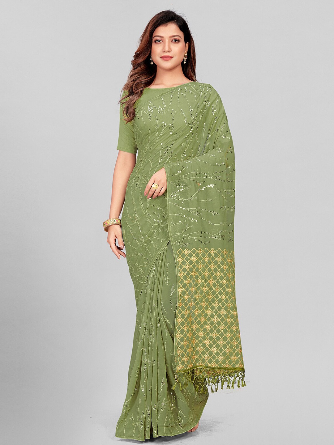 

KALINI Embellished Sequinned Pure Georgette Saree, Fluorescent green