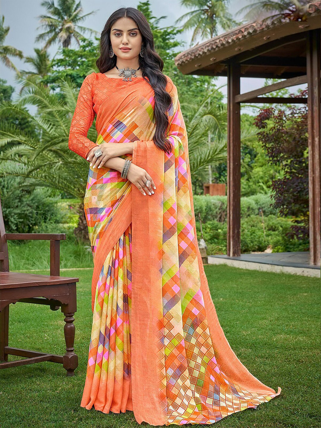 

ODETTE Abstract Printed Poly Chiffon Saree, Orange