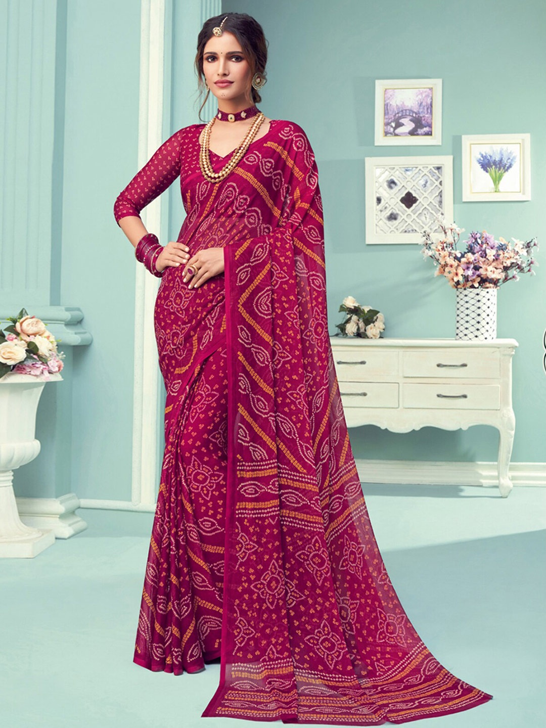 

ODETTE Bandhani Poly Chiffon Saree, Pink