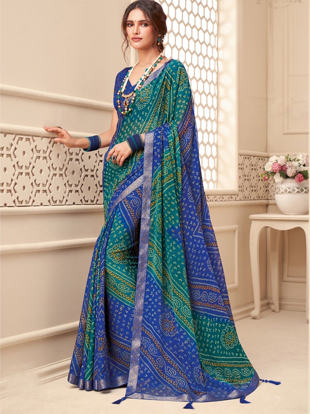 

ODETTE Bandhani Zari Saree, Blue