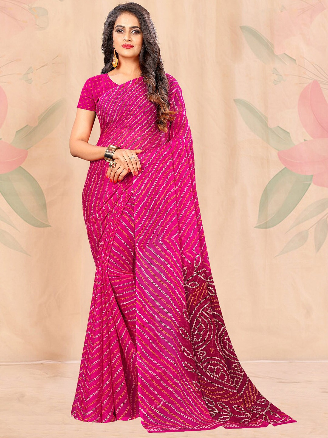 

ODETTE Bandhani Poly Chiffon Saree, Pink