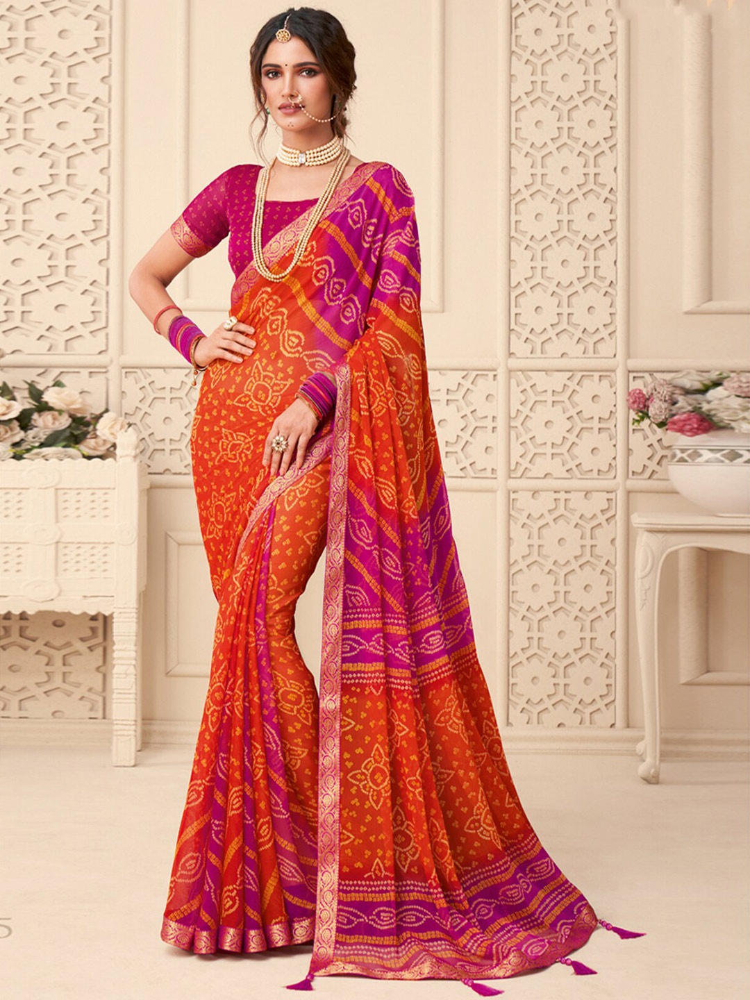 

ODETTE Orange & Pink Bandhani Zari Poly Chiffon Saree