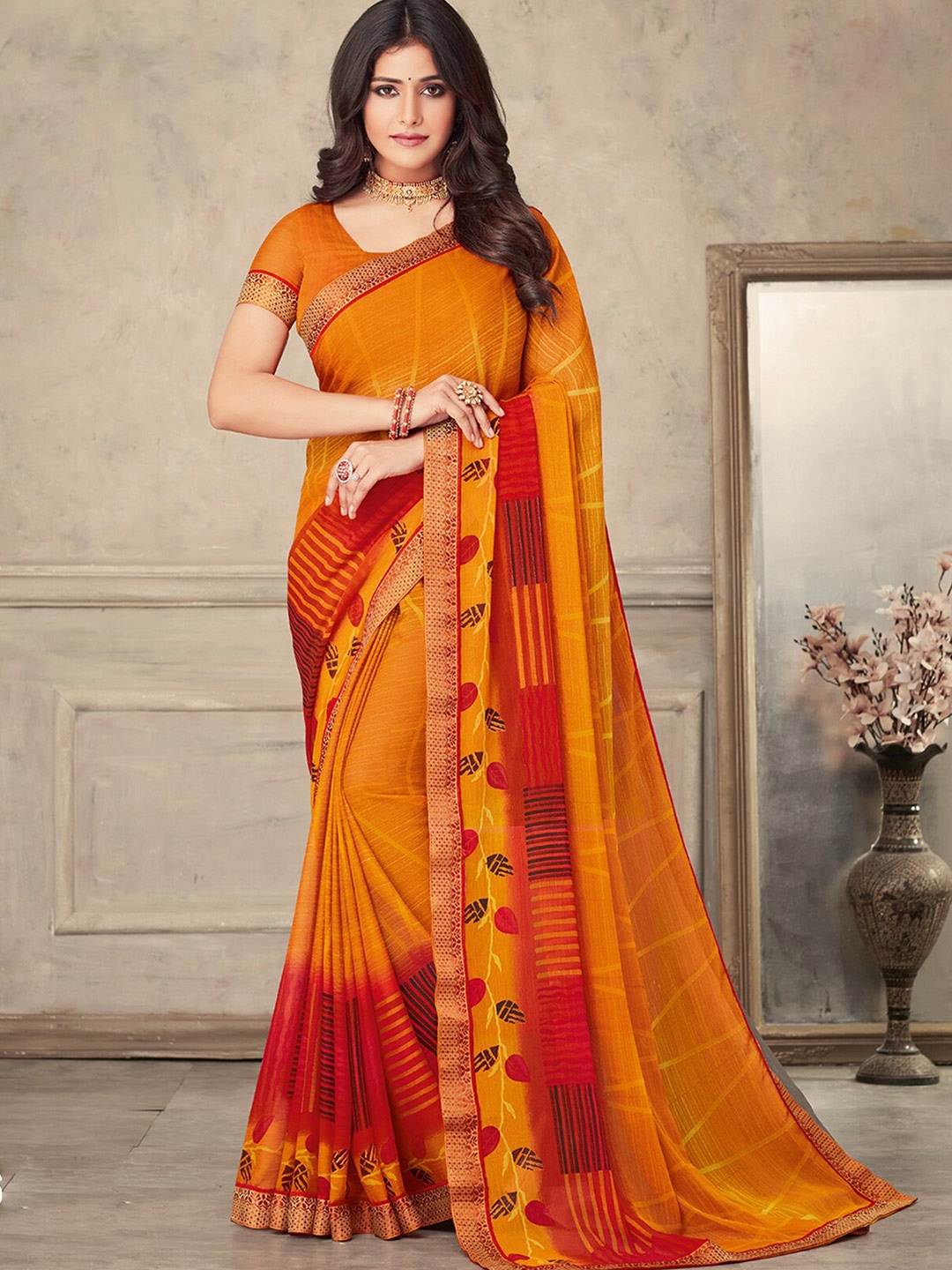 

ODETTE Orange & Red Poly Chiffon Saree