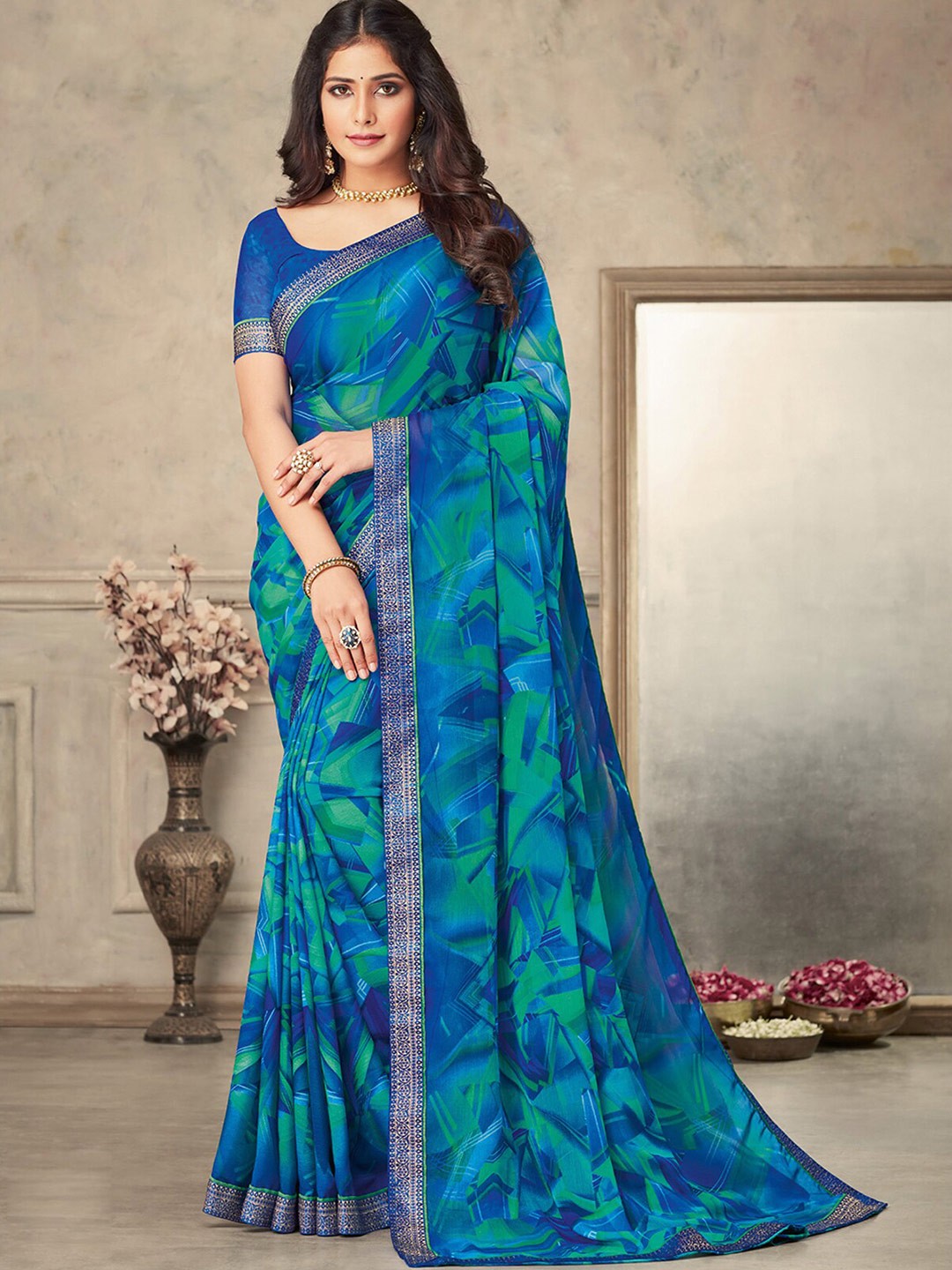 

ODETTE Abstract Printed Saree, Blue