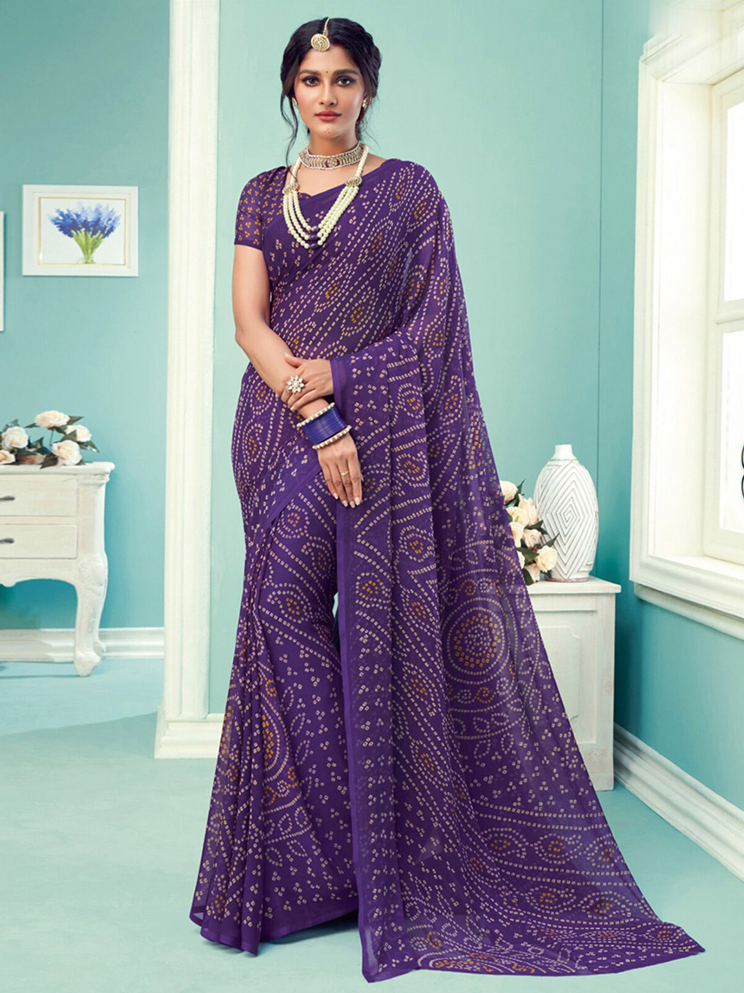 

ODETTE Bandhani Poly Chiffon Saree, Purple