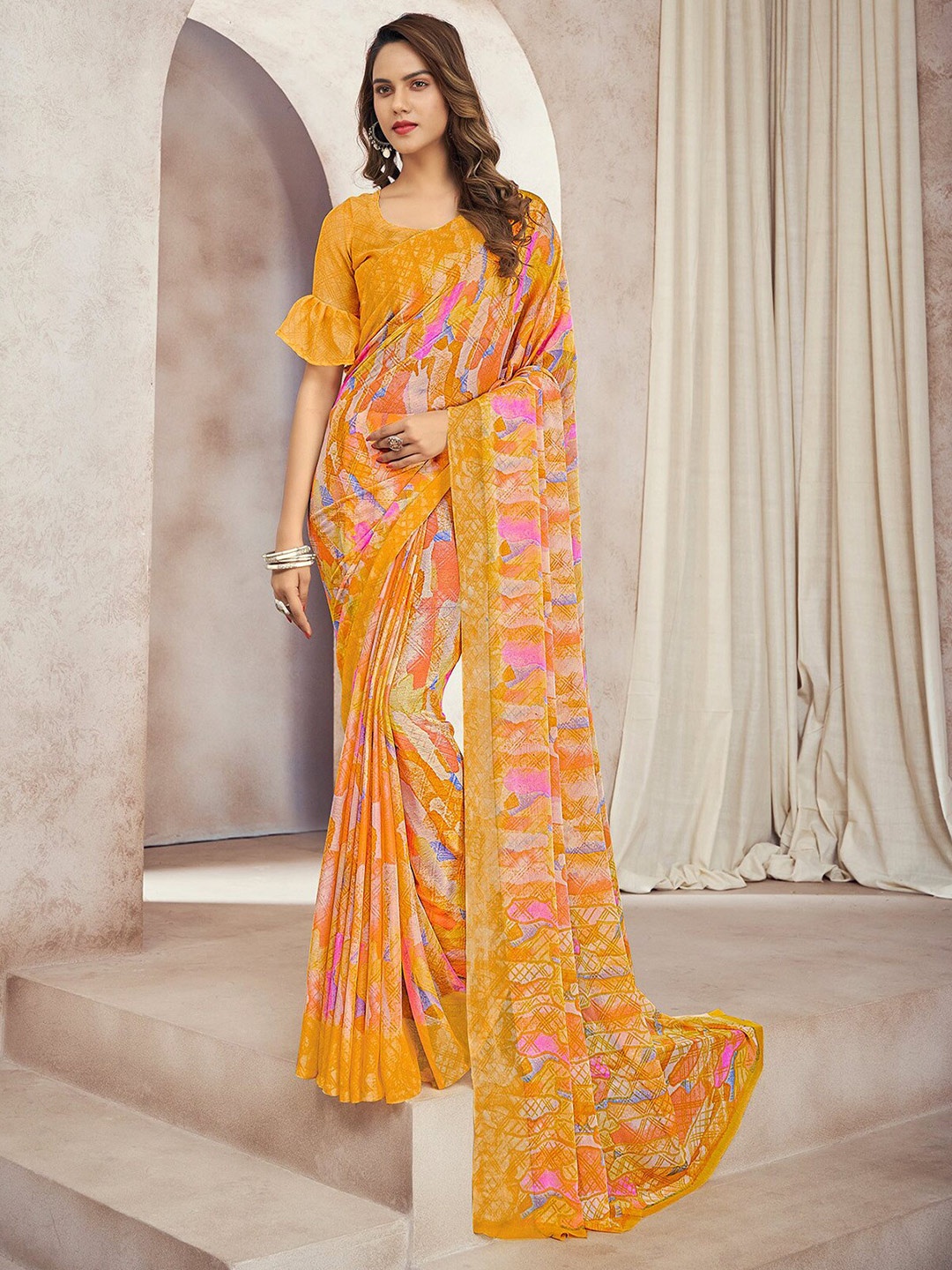 

ODETTE Poly Chiffon Saree, Mustard