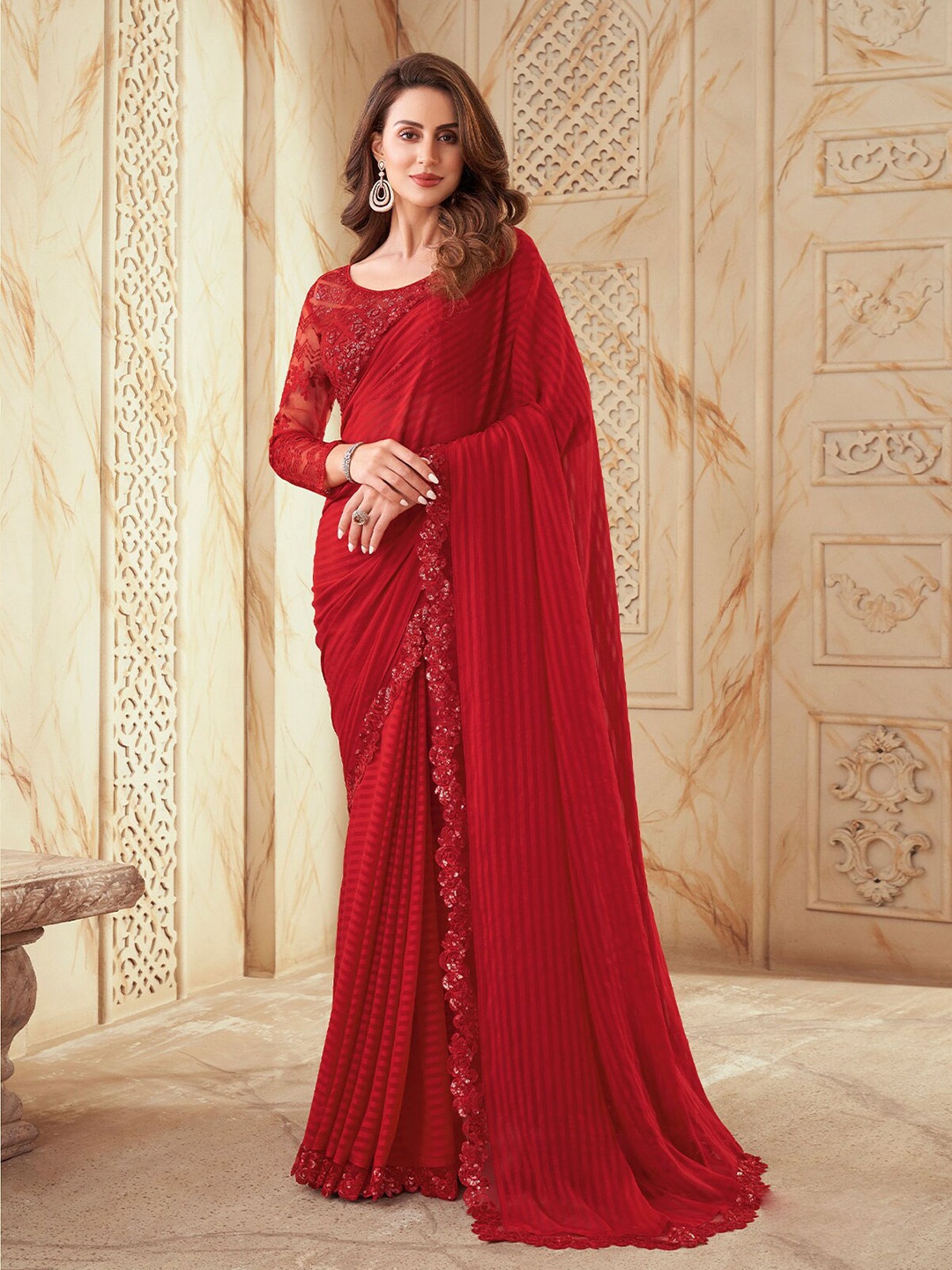 

ODETTE Striped Sequinned Poly Chiffon Saree, Red