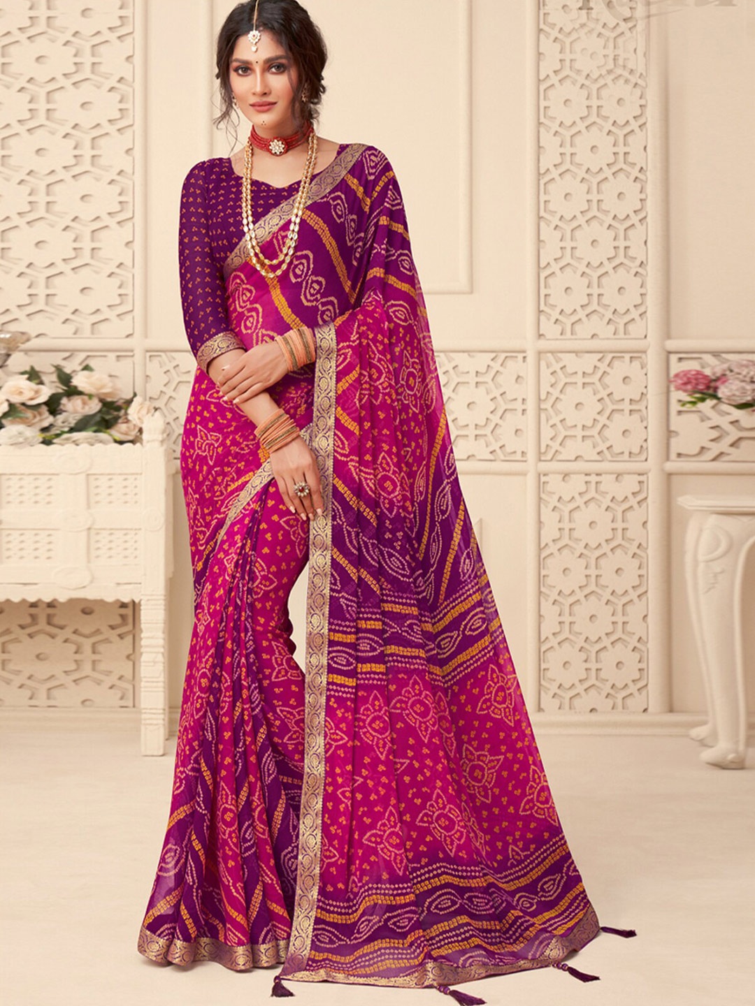 

ODETTE Bandhani Printed Zari Poly Chiffon Saree, Purple