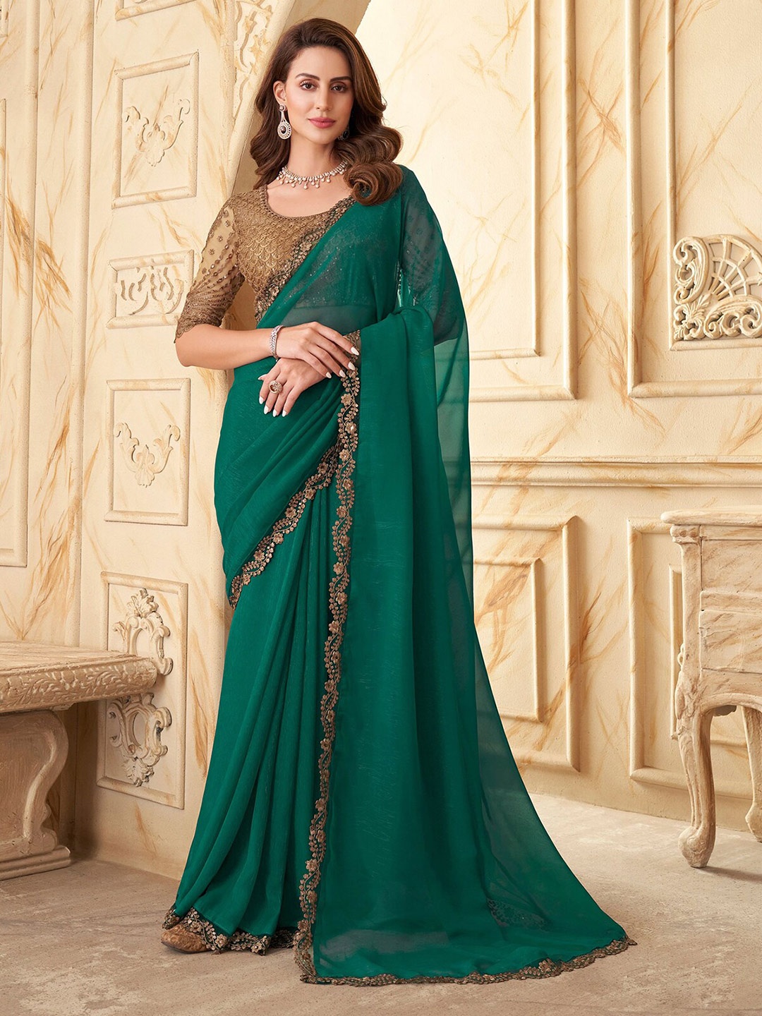 

ODETTE Embroidered Poly Chiffon Saree, Green