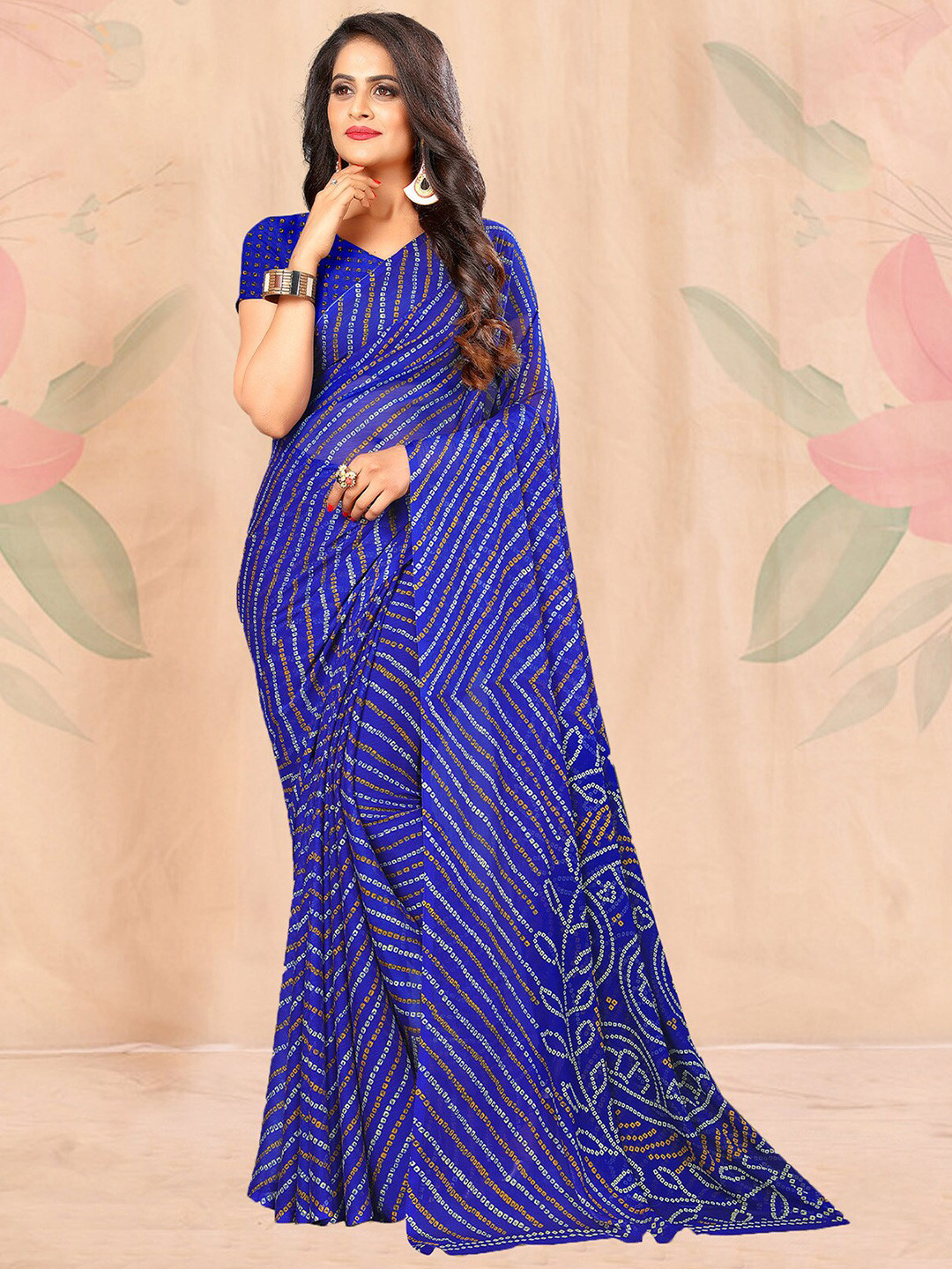 

ODETTE Bandhani Poly Chiffon Saree, Blue