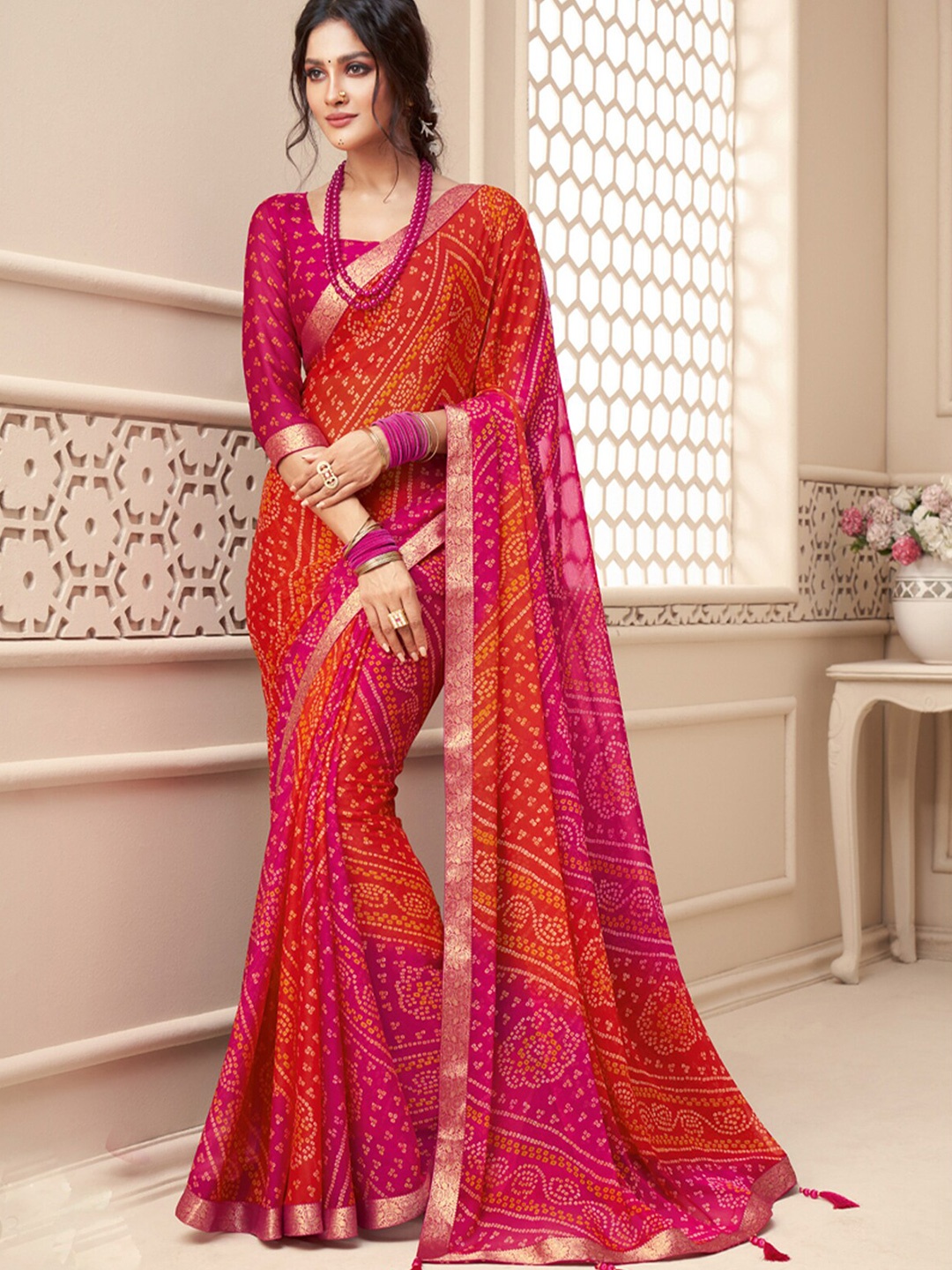 

ODETTE Bandhani Zari Poly Chiffon Saree, Red