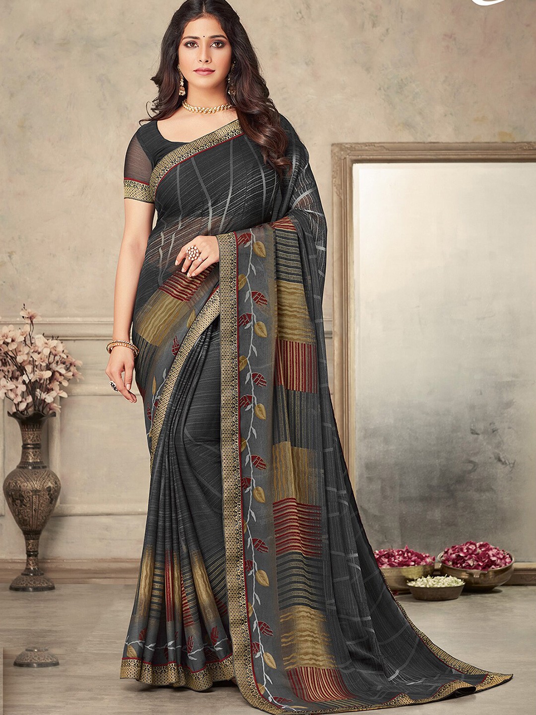 

ODETTE Zari Poly Chiffon Saree, Grey