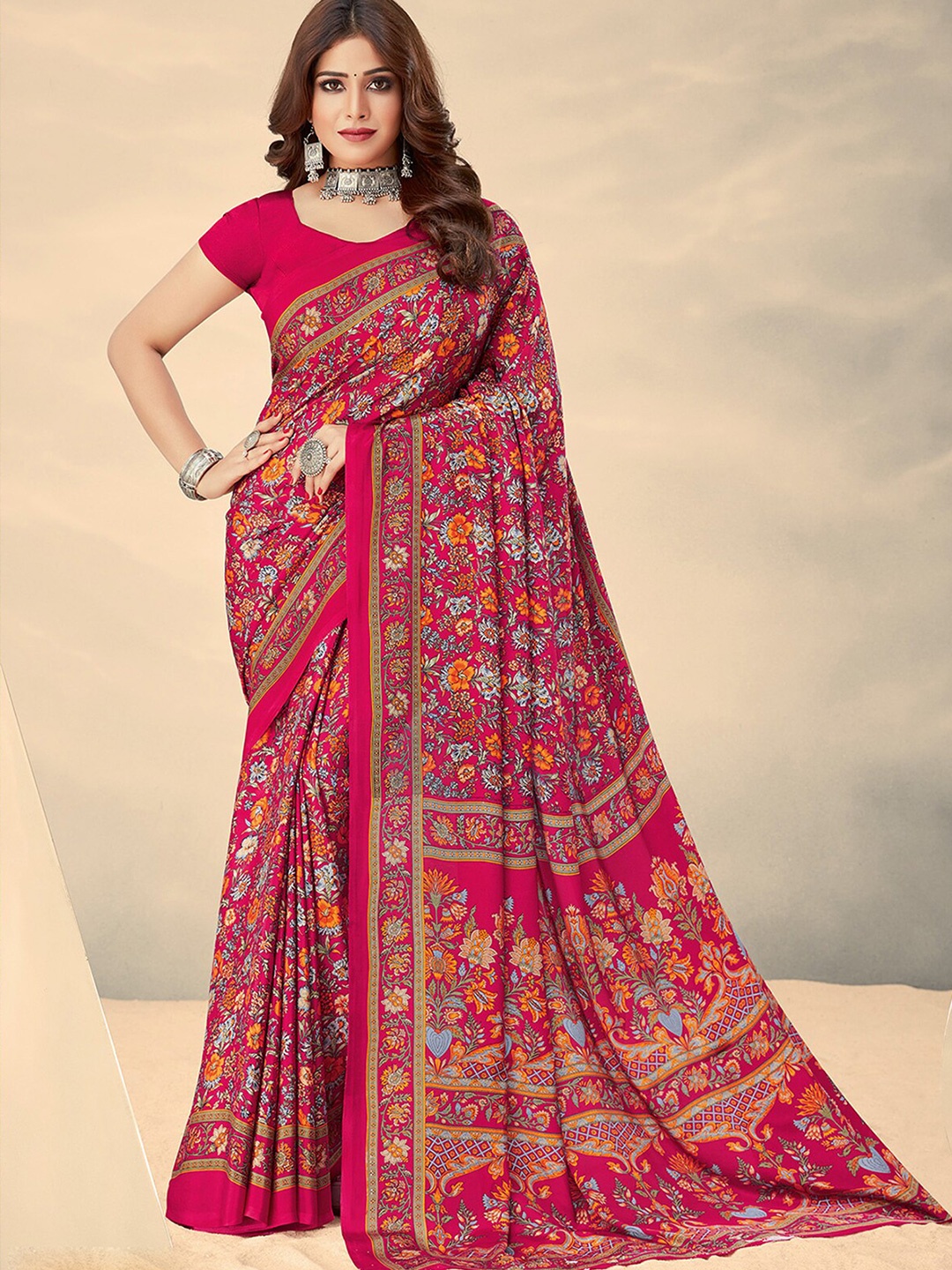 

ODETTE Floral Printed Saree, Pink