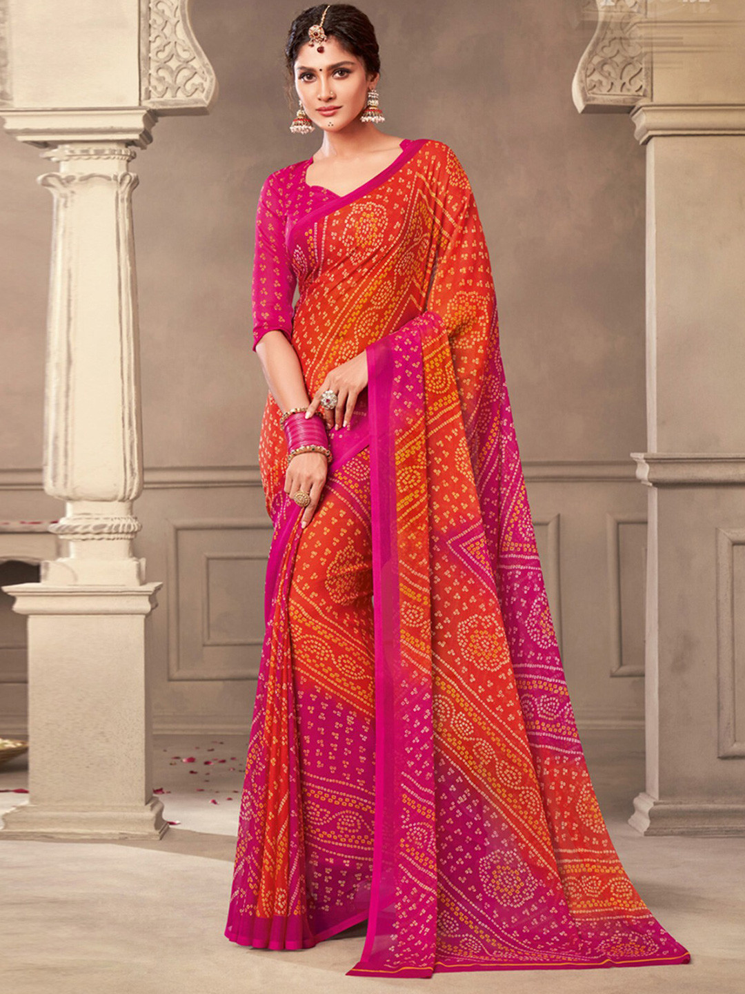 

ODETTE Bandhani Printed Saree, Orange
