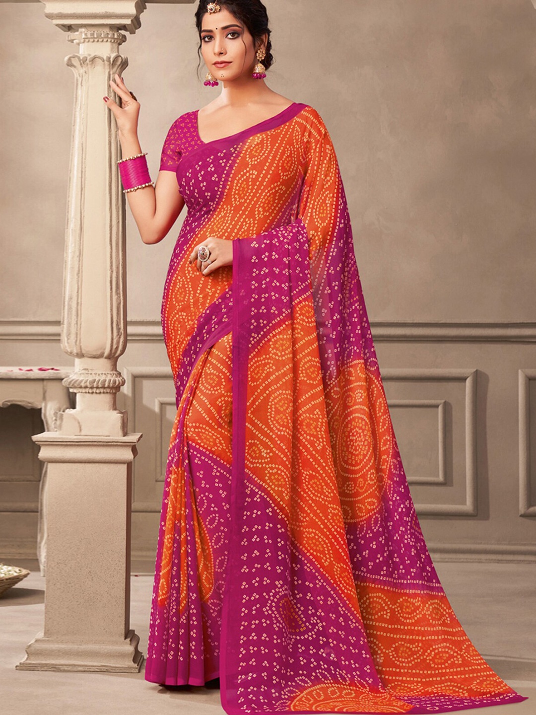 

ODETTE Bandhani Poly Chiffon Saree, Pink