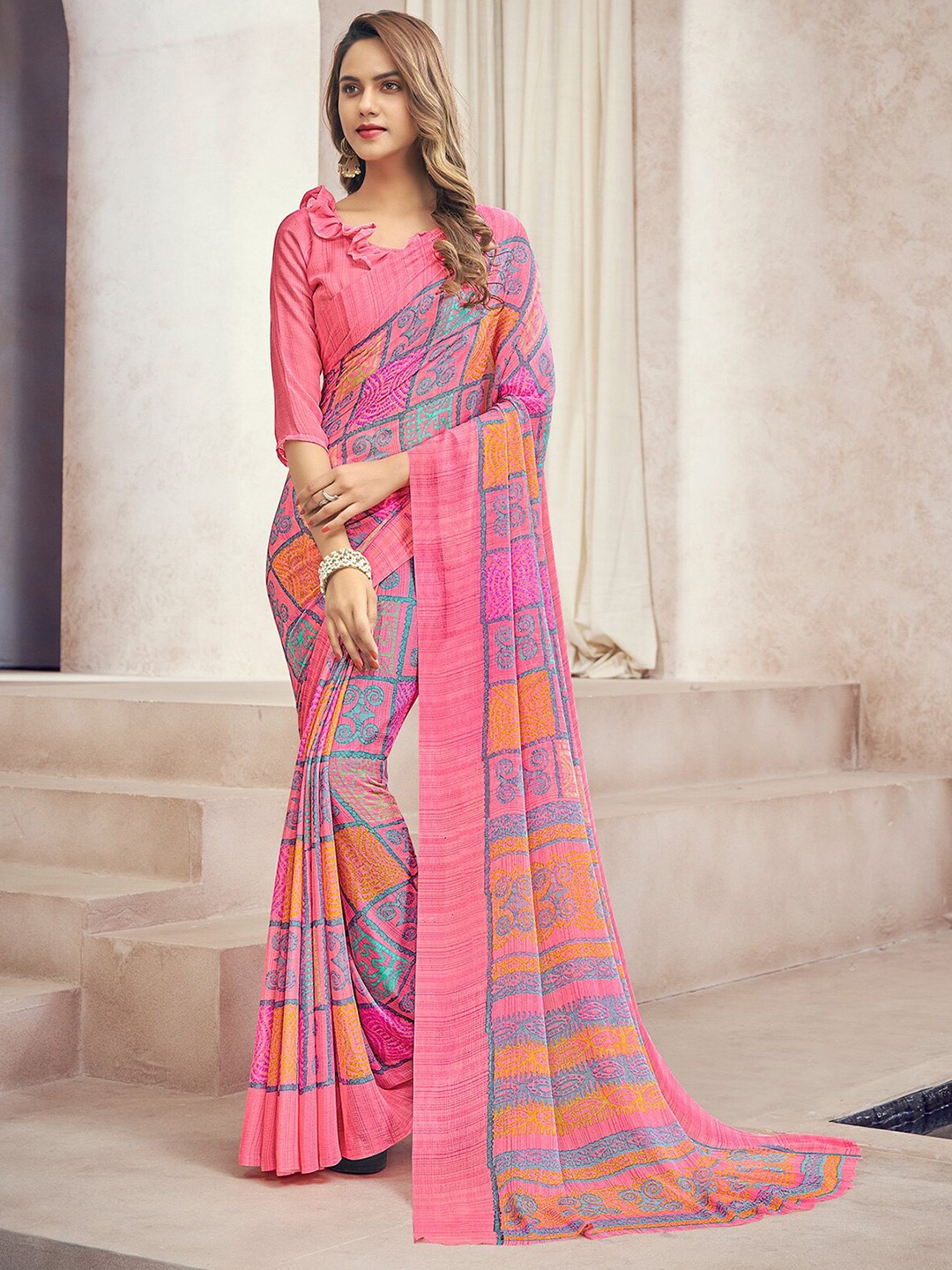 

ODETTE Ethnic Motifs Printed Saree, Pink