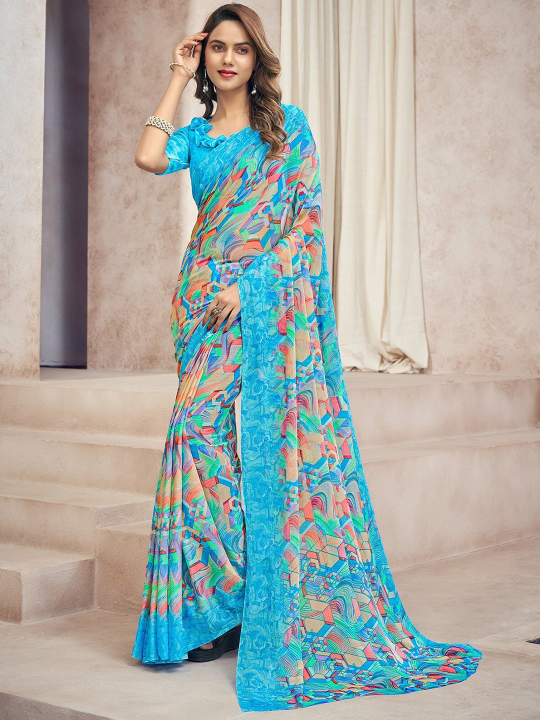 

ODETTE Abstract Printed Saree, Blue
