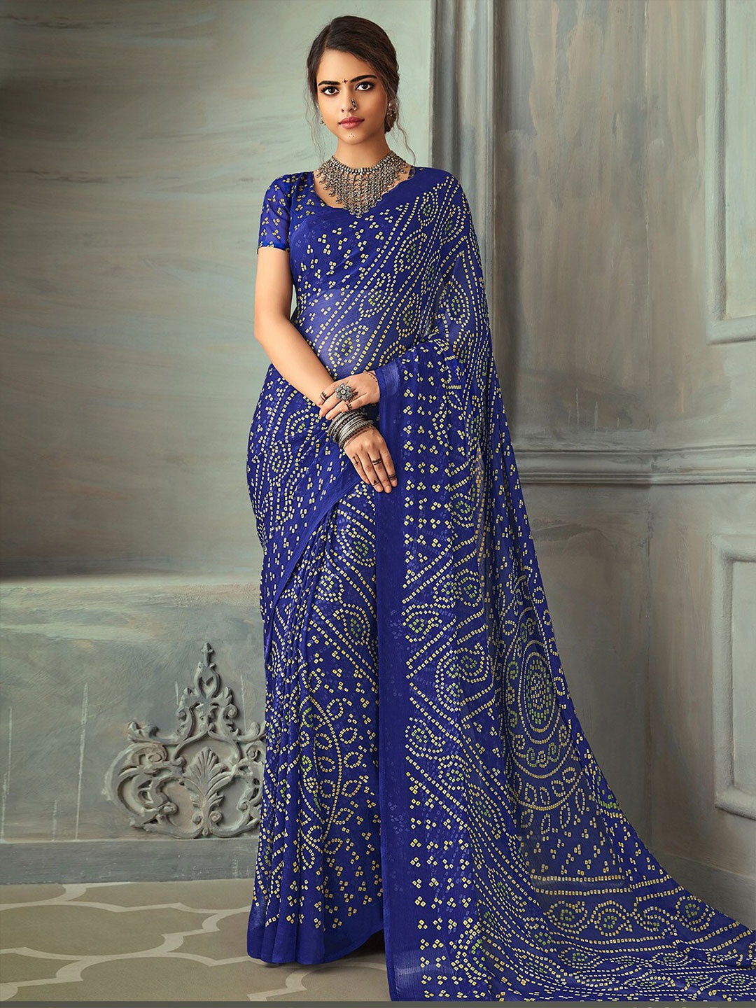 

ODETTE Bandhani Poly Chiffon Saree, Blue