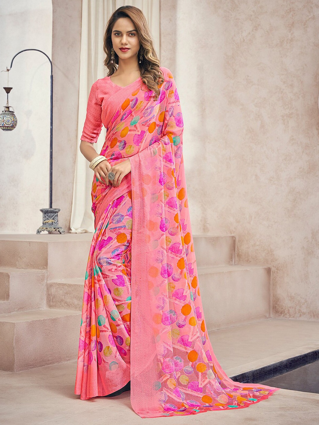 

ODETTE Abstract Printed Saree, Pink