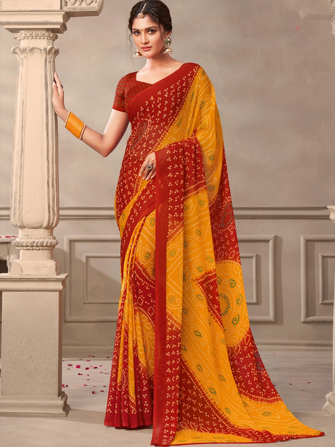 

ODETTE Bandhani Printed Saree, Yellow