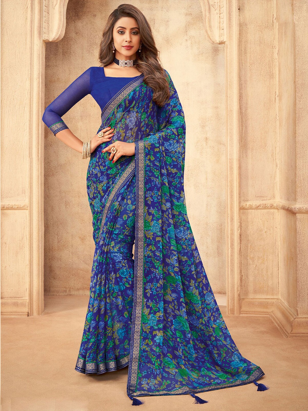 

ODETTE Floral Printed Zari Saree, Blue
