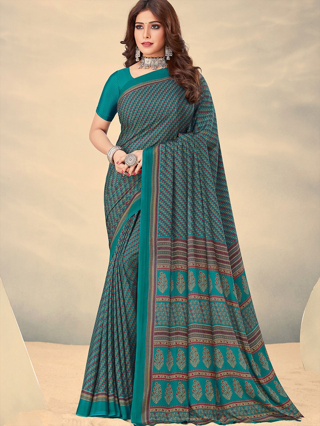 

ODETTE Ethnic Motifs Silk Blend Saree, Green